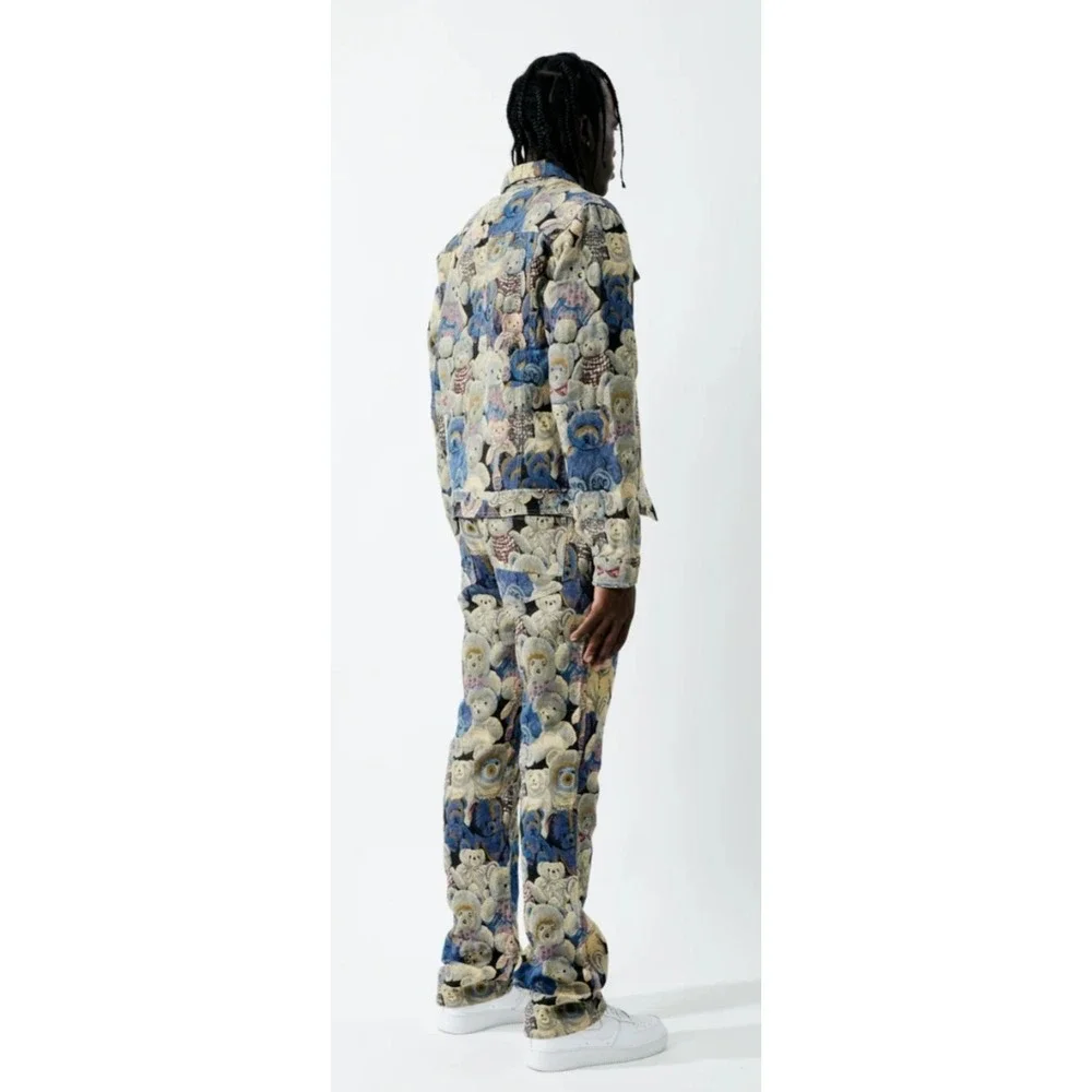 Kindred Men Teddy Bear Tapestry Jacquard 2 Piece Set Trucker Jacket Pants Blue L